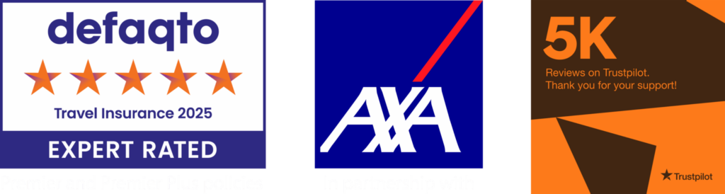 Defaqto rated 5 star Premier and Premier Plus Policies, Travel Insurance 2025, in partnership with AXA, 5K Trustpilot Reviews